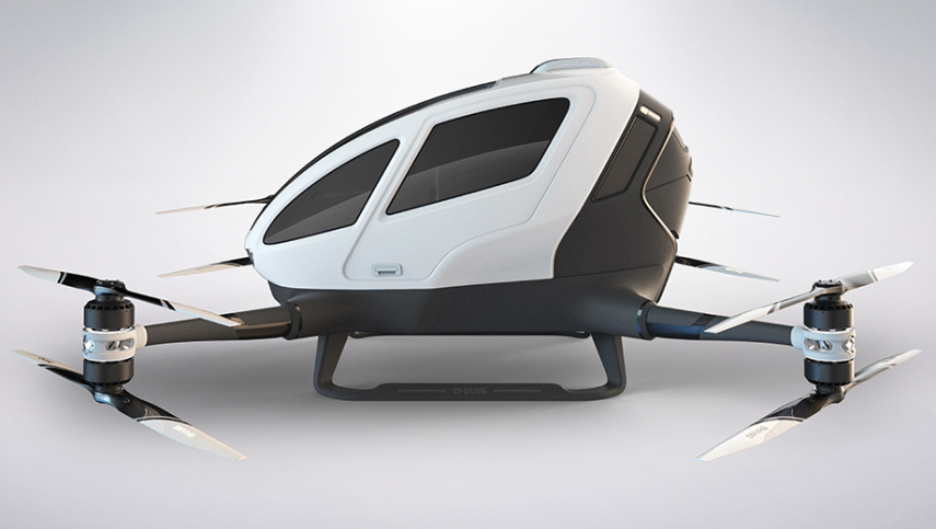 O Ehang 184 é um drone gigante com oito hélices distribuídas em quatro braços capaz de carregar uma pessoa até 100 kg durante uma viagem de até 23 minutos. Ele consegue atingir a velocidade de 100 km/h.
