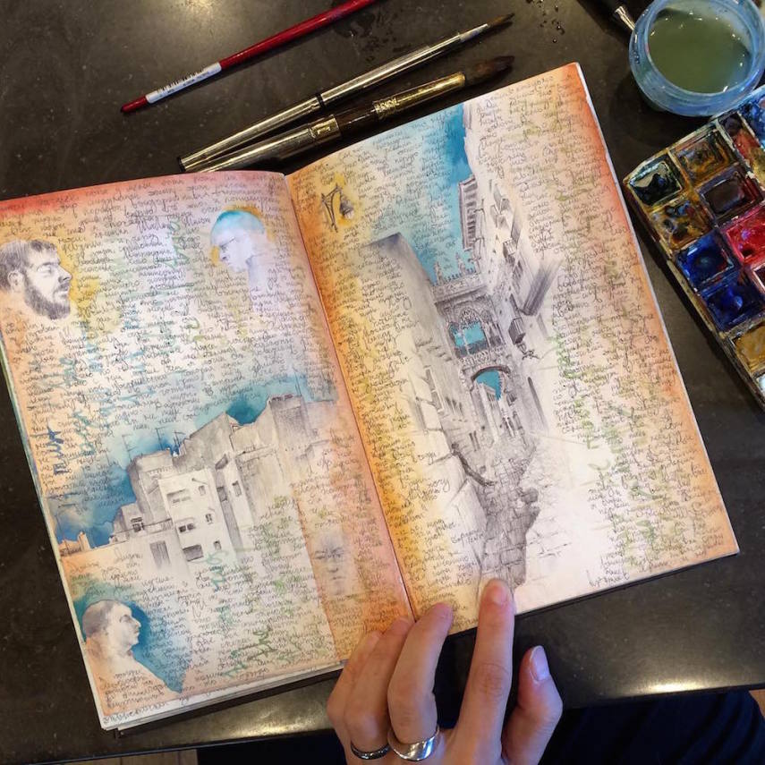 Dina Brodksy faz pinturas e desenhos em cadernos de viagens