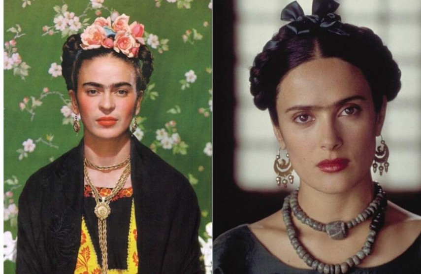 Retrato de Frida Kahlo e Salma Hayek caracterizada como a pintora
