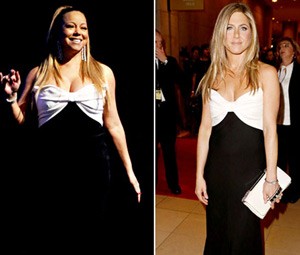 Roupas iguais: Mariah Carey e Jennifer Aniston usam mesmo vestido