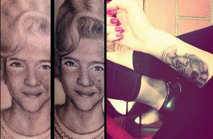 Rosto da avó, em 2013, no braço direito: “Porque eu sou a favorita dela e ela é a minha”, Miley tweetou ao mostrar pro mundo a sua tatuagem, um retrato da avó, Loretta Finley.