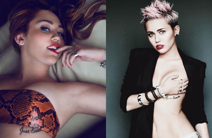 ‘Just Breathe’, tatuado em 2009, abaixo de seu seio esquerdo: A primeira tatuagem de Miley tem um duplo significado para a garota. Ela homenageia seu avô, Ron Cyrus, que morreu de câncer de pulmão em 2006, e Vanessa, uma amiga sua que morreu de fibrose cística, uma doença pulmonar, um ano depois. Ela disse para a revista Harper’s Bazaar: “Ela me lembra de não ter nada como garantido. Quer dizer, respirar — isso é algo que nenhum deles pode fazer mais, a coisa mais básica. E eu a coloquei perto do meu coração porque é aqui que ele sempre estarão”.