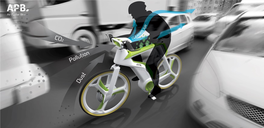 <strong>Bicicleta filtro de ar - </strong>Idealizada pelo estúdio de design Lightfog, a bicicleta conceitual é uma ótima ideia para nossas metrópoles tropicais acinzentadas. Ela funciona tanto como um filtro, retirando partículas de poeira no ar, quanto como um gerador de oxigênio, graças a um 