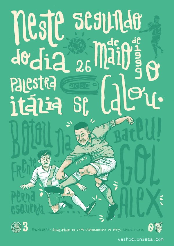 O primeiro gol do Palmeiras contra o River, pela Libertadores de 1999. Arte de Pedro, Pastel e Besouro, do Ateliê de ilustração