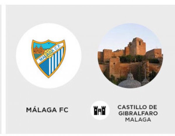 O Málaga FC carrega no canto superior esquerdo o Castelo de Gibralfaro.