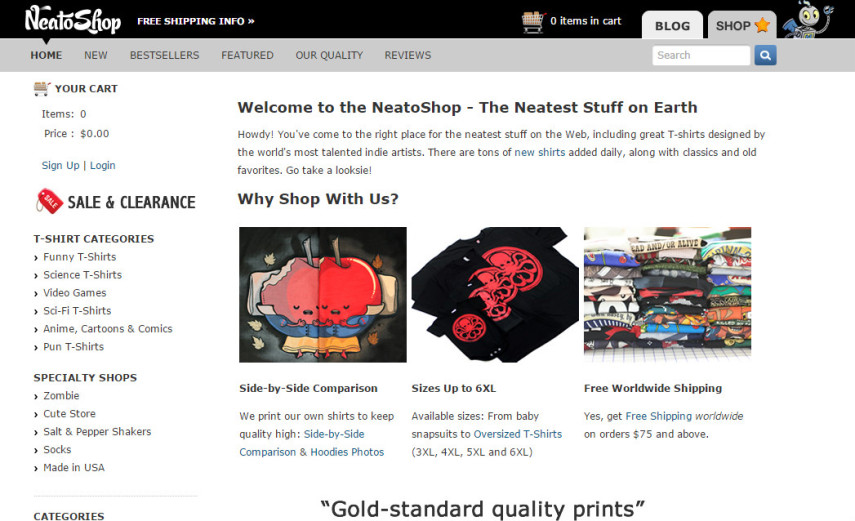 O site Neato Shop tem rodutos exclusivos e criativos como: xícaras, camisetas, bonecos focados no universo nerd. Com frete grátis para o Brasil nas compras acima de 50 dólares 

<a href=