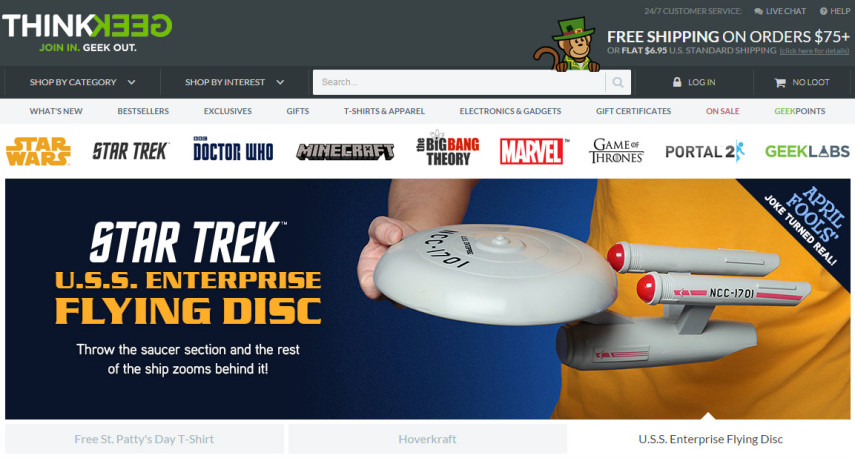 O site Think Geek tem diversos itens geeks e produtos originais licenciados de séries e filmes. O frete é pago e entregue pela DHL 

<a href=