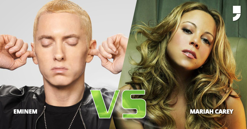 Eminem diz ter tido um caso com Mariah em 2001, mas ela sempre negou. O desentendimento se arrasta desde então e já rolaram várias músicas dele contra ela e dela contra ele. A mais marcante é Obsessed, da Mariah, que parece ser uma clara mensagem pro Eminem ficar bem longe dela.