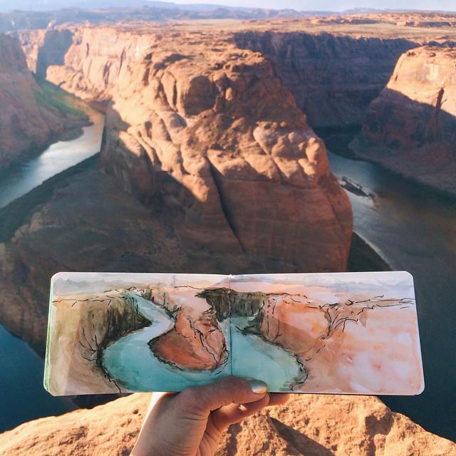 Hannah Jesus Koh usa água dos cenários que pinta em suas aquarelas. Aqui, o Grand Canyon, no Arizona