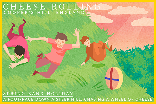 Feriado de chegada da primavera - uma corrida a pé ladeira abaixo, persguindo uma roda de queijo