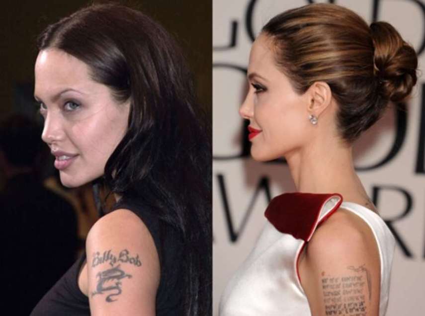 Até uma das maiores estrelas de Hollywood já fez tatuagem por amor. Angelina Jolie tinha uma tattoo no braço em homenagem ao ex-marido Billy Bob. Em 2004, a atriz   removeu o desenho e tatuou no mesmo lugar as coordenadas geográficas dos locais onde nasceram seus 6 filhos.