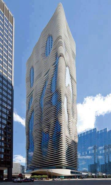 Este prédio fica em Chicago, nos Estados Unidos, e foi criado por Jeanne Gang. As varandas curvas estrategicamente espalhadas pelos 80 andares imitam o movimento das ondas do mar