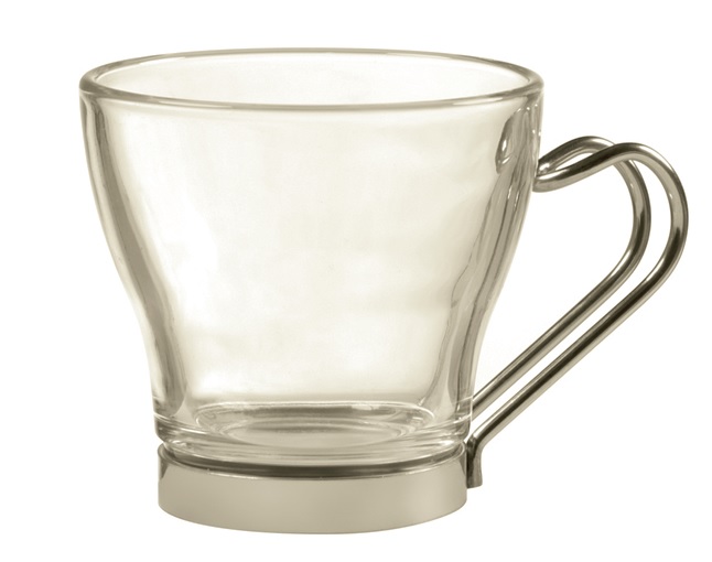 Caneca para café em vidro com alça e base em aço inoxidável. R$ 24,50 cada.