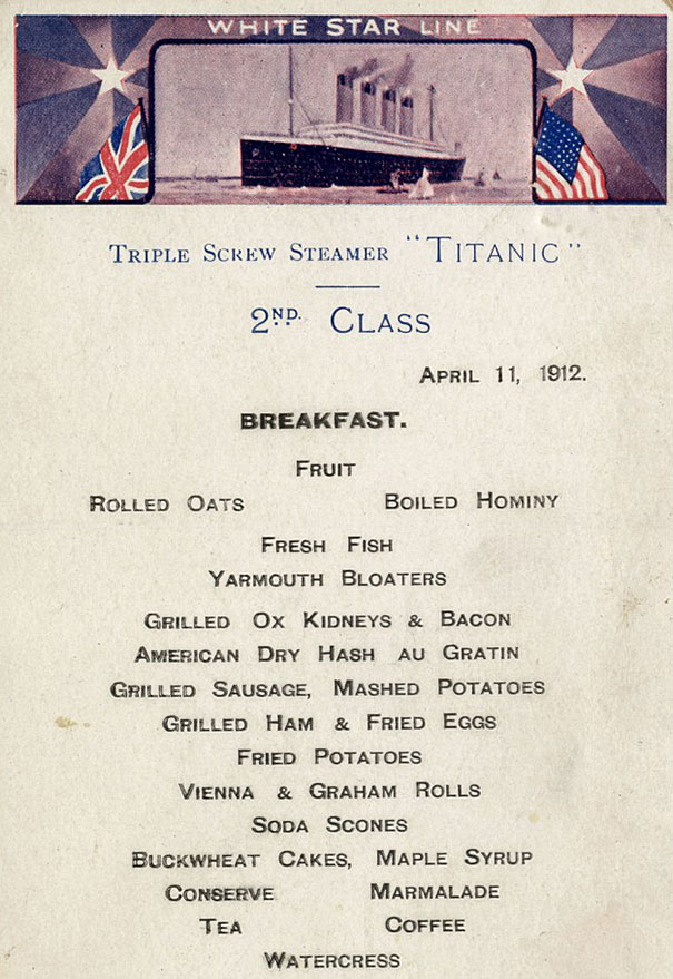 Cardápio da segunda classe do Titanic