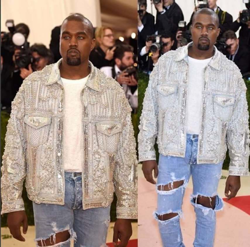 O rapper apareceu de jeans rasgado e camiseta básica, ostentando uma jaqueta toda cravejada com cristais e usando lentes de contato verdes.