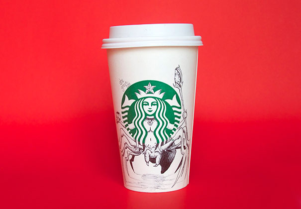 O ilustrador Abe Green resolveu desenhar no copo em que tinha acabado de tomar café e começou uma série incrível de ilustrações chamada A Vida Secreta da Sereia do Starbucks