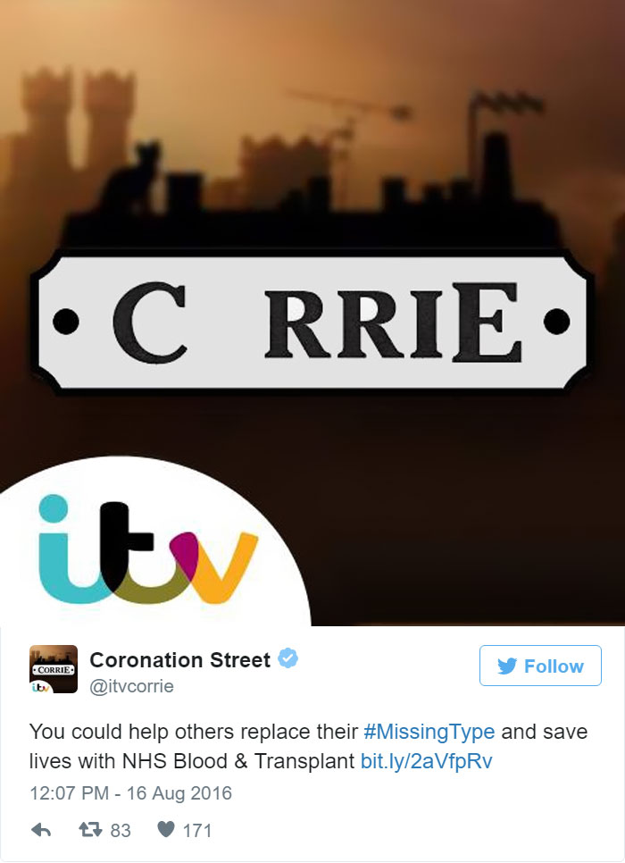 A novela britânica Coronation Street entrou na campanha #MissingType