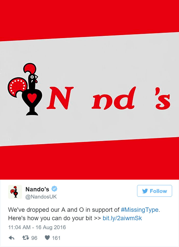 A rede de restaurantes Nando's entrou na campanha #MissingType