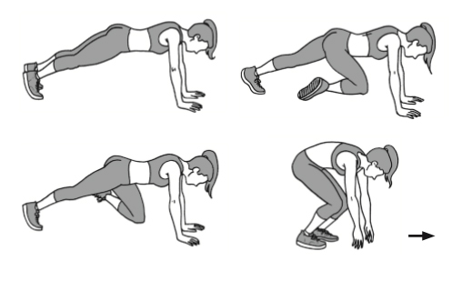 1º passo) Faça 20 segundos de burpee adaptado (salto seguido da colocação das mãos no chão e as pernas colocadas para trás)
