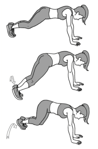 5º passo) Faça 20 segundos de deslocamento de quadril horizontal (coloque os braços no chão e o corpo reto e movimente os pés para os dois lados)