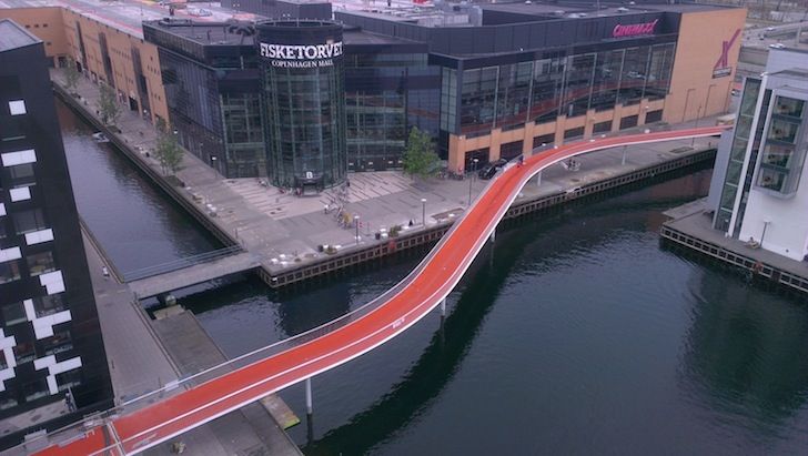 Copenhagen tem uma ciclovia suspensa chamada Cykelslange que liga a ponte Dybbølsbro a ponte Bryggebro