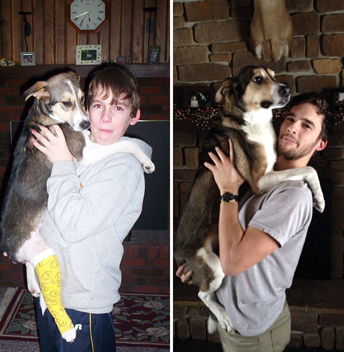 Antes e depois, pessoas e cachorros que cresceram juntos