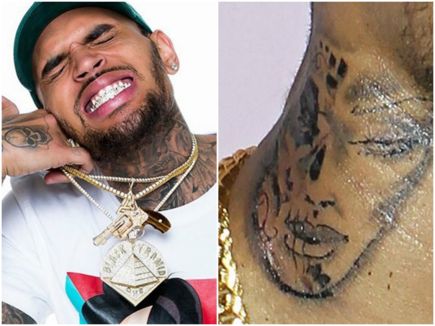 Chris Brown apareceu com essa tatuagem do rosto de uma mulher. O problema é que ela era extremamente parecida com a foto de Rihanna após ter sido agredida pelo próprio cantor. Ele negou que fosse isso, é claro