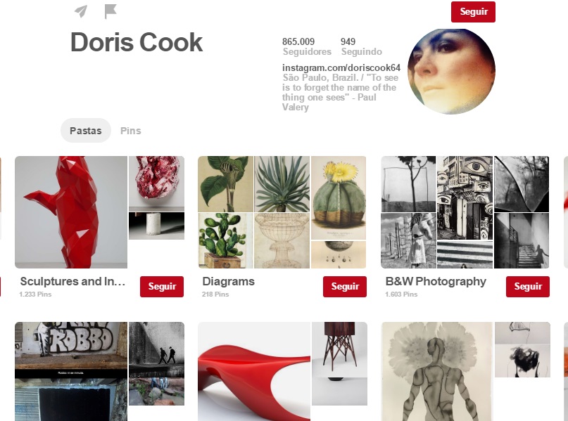 Doris Cook tem pins, principalmente, de esculturas, desenhos artísticos e fotografia artística <a href=