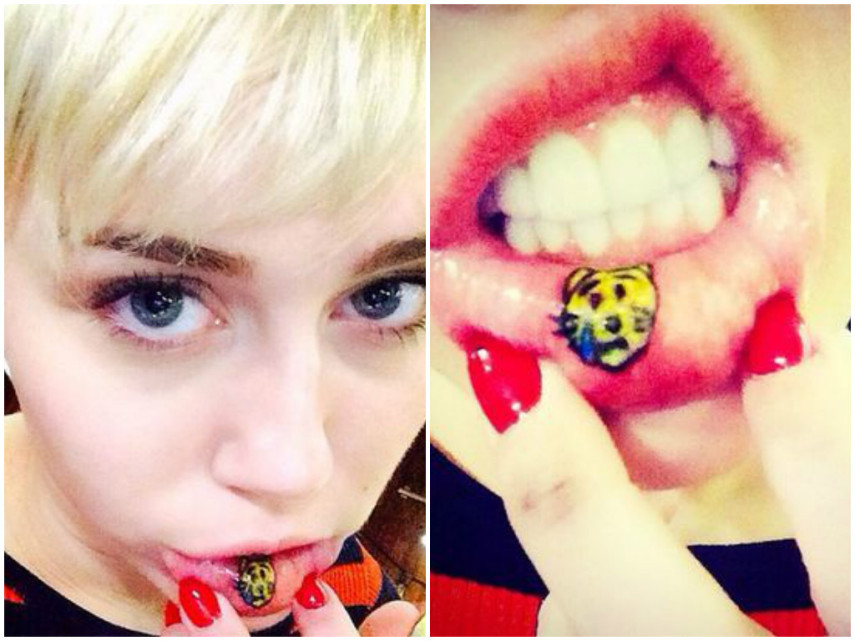 Miley Cyrus também tem uma tattoo na parte interna do lábio