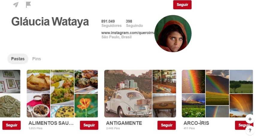 O perfil mais popular no Brasil é de Gláucia Wataya. Ela tem mais de 890 mil seguidores e tem pins sobre viagens, alimentação saudável e arte! Além disso, ela tem um perfil no Instagram chamado @queroirnajanela <a href=