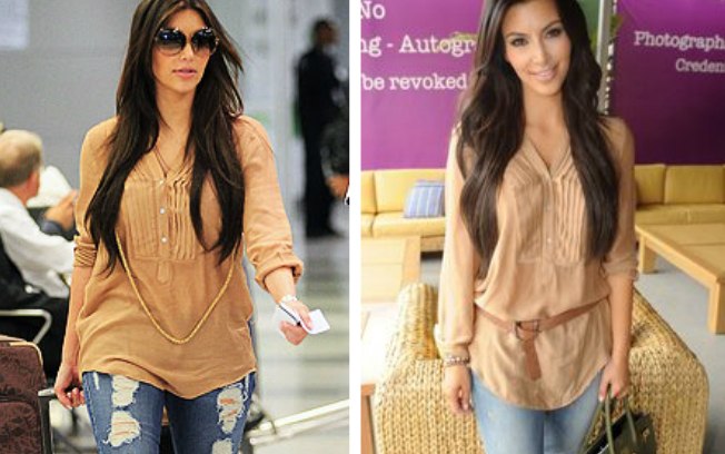 Um acessório faz toda a diferença, né? Aqui a Kim Kardashian mostrou que dá para usar a mesma bata de formas diferentes, com ou sem o cinto charmoso.