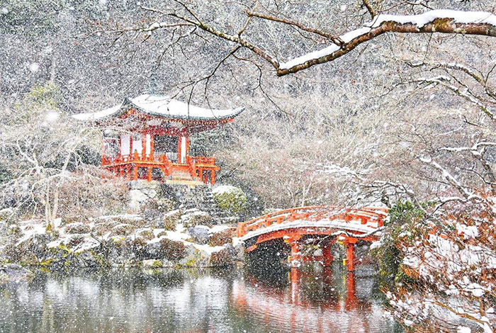 A antiga capital japonesa tem vivido alguns de seus dias mais frios no Inverno, com temperaturas menores que 0° Celsius. Com isso, Kyoto virou um mundo mágico branco, cheinho de neve