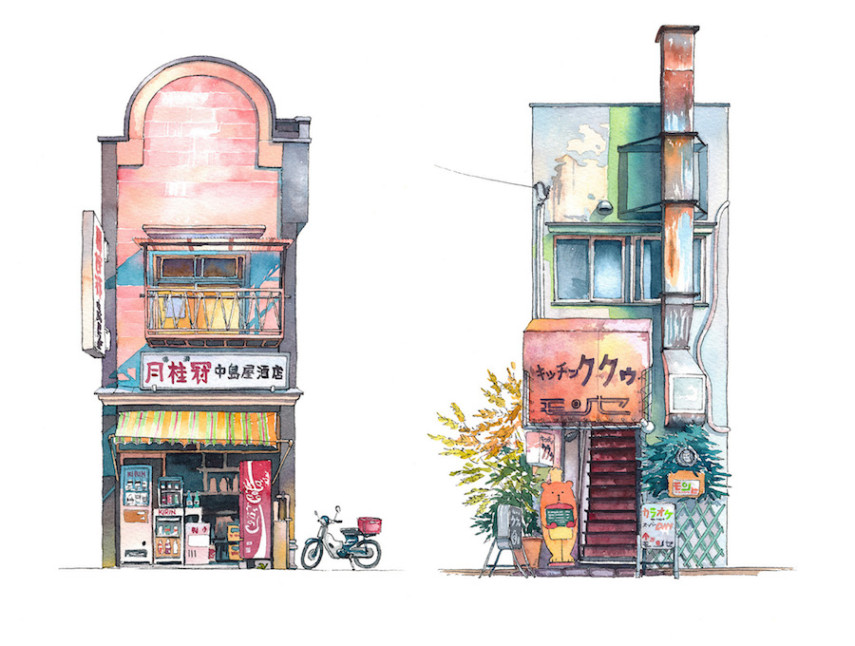 Mateusz Urbanowicz faz pinturas em aquarela de prédios históricos de Tóquio