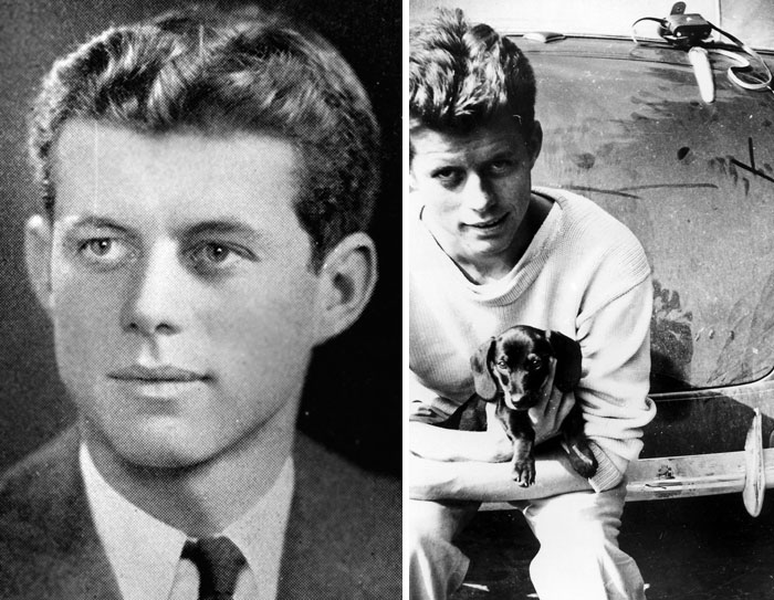 O 35° presidente dos Estados Unidos aparece nas imagens aos 21 anos (à esquerda) e aos 20. Kennedy foi eleito em 1961 e governou até novembro de 1963, quando foi morto aos 46 anos