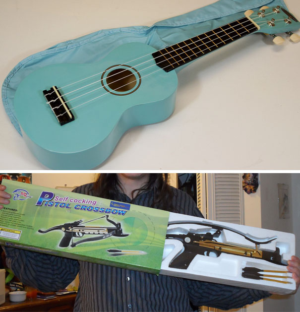 A pessoa pediu um ukulele e recebeu essa coisa aí da foto em casa. Bem parecido.