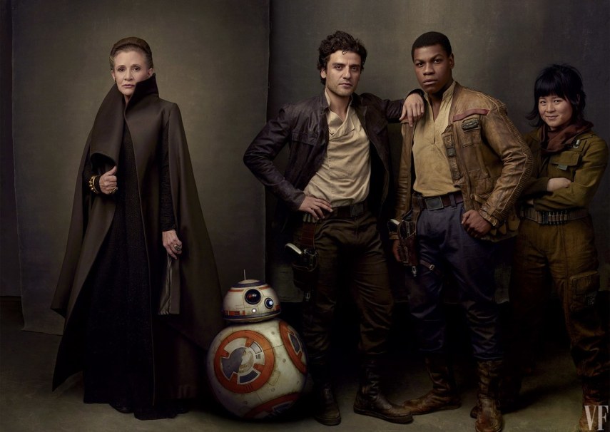  Carrie Fisher, Oscar Isaac, John Boyega e Kelly Marie Tran como os rebeldes General Leia Organa, Poe Dameron, Finn e Rose Tico, além do droid BB-8