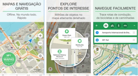 O Maps.me é um app gratuito, disponível para Android e iOS, com mapas inteiramente offline, que tem navegação ponto a ponto, que pode ser usada no carro, caminhando ou andando de bike. Os mapas são atualizados por milhões de colaboradores e tem indicações de trilhas, pontos de interesse, estações de metrô, etc.