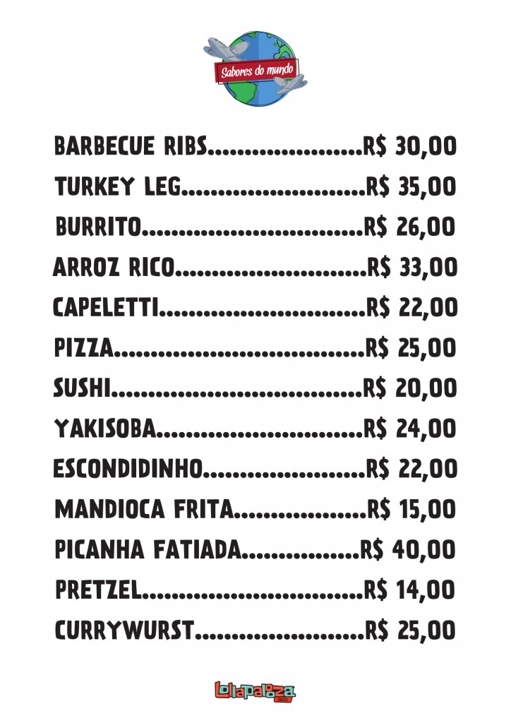 Preços dos cardápios do Lollapalooza