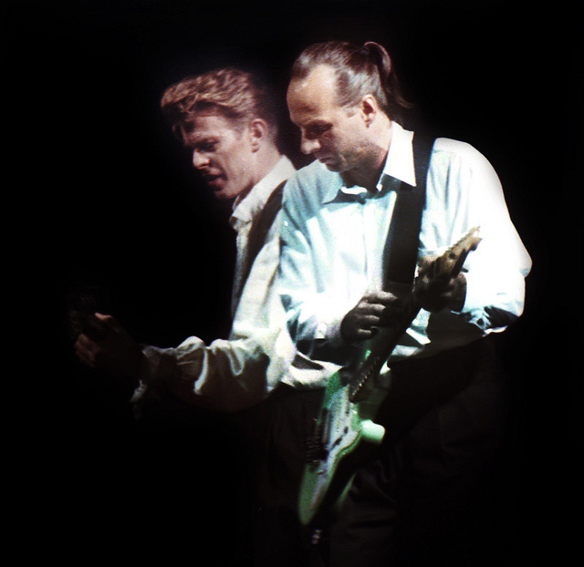 David Bowie in concert during the Sound and Vision Tour, The Point Depot, Dublin Thurs 9th of August 1990, here with Adrian Belew